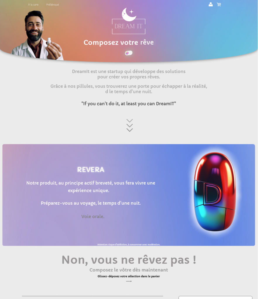 page accueil projet dreamIt, site marchand pour concevoir ses rêves en ligne.